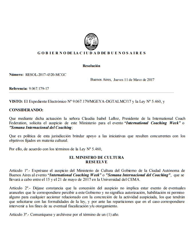 La “International Coaching Week” es declarada de interés por el Ministerio de Cultura